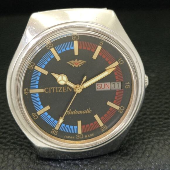 Vintage 1972 Citizen Automatic Mens Silver Watch W/daydate & Red/Blue accents - Picture 4 of 10
